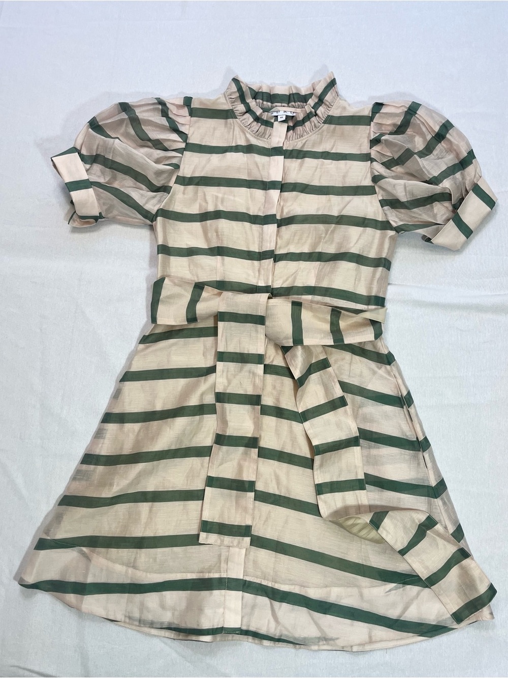 Buru Green-Striped Cream Puff-Sleeve Mini Dress with Self-Tie Belt Button Front